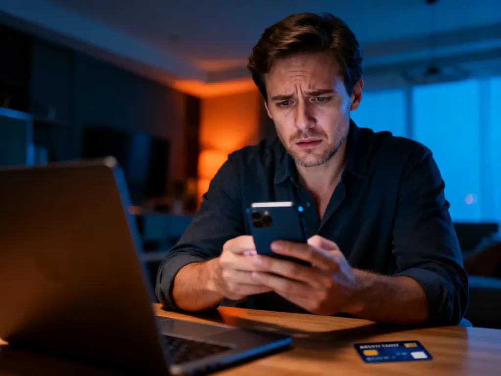 Zaniepokojony mężczyzna patrzący na ekran smartfona w domowym biurze, sugerujący problem z bezpieczeństwem konta bankowego.