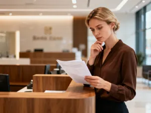 Kobieta w nowoczesnym biurze przegląda dokumenty finansowe na tablecie, co ilustruje proces cyfrowej obsługi faktur.