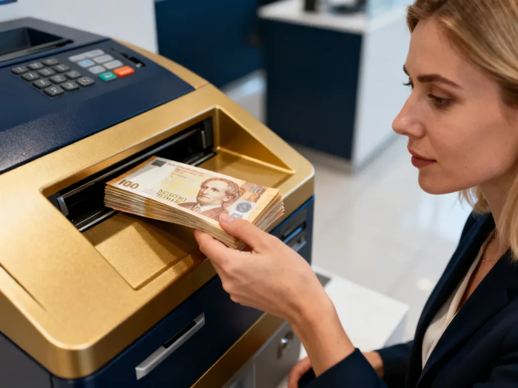 Kobieta wpłacająca gotówkę do nowoczesnego wpłatomatu w banku. Ilustracja przedstawia proces bezpiecznej wpłaty pieniędzy.