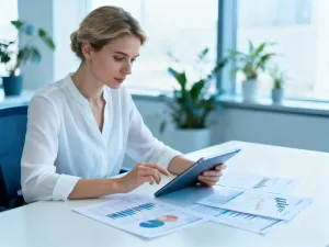 Mężczyzna przy biurku analizuje dokumenty finansowe obok kalkulatora, co ilustruje proces rozliczania podatku od wygranej.