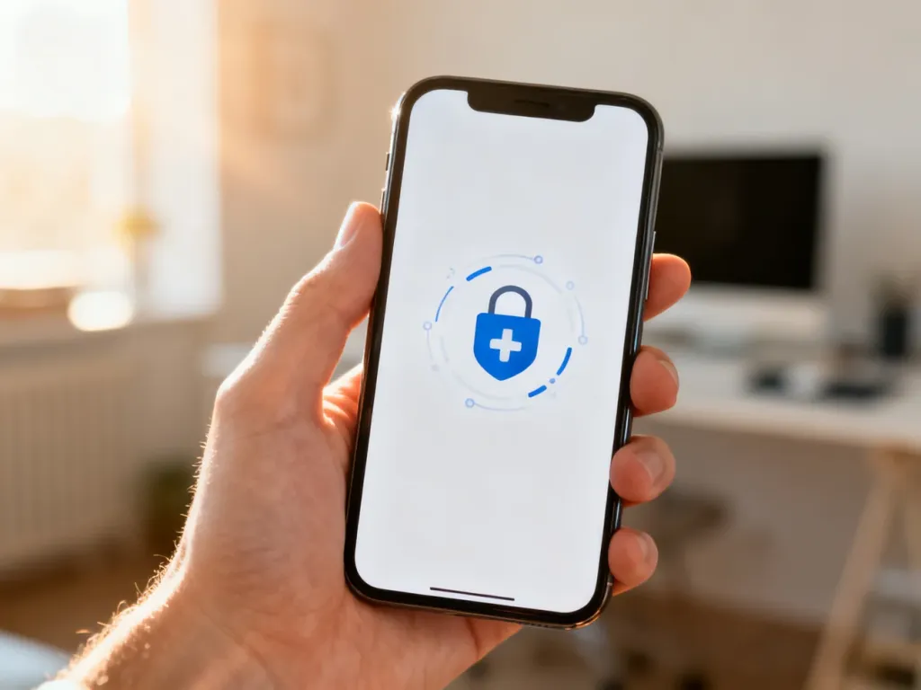 Dłoń trzymająca smartfon z ikoną cyfrowej weryfikacji, symbolizującą bezpieczne potwierdzenie profilu zaufanego.