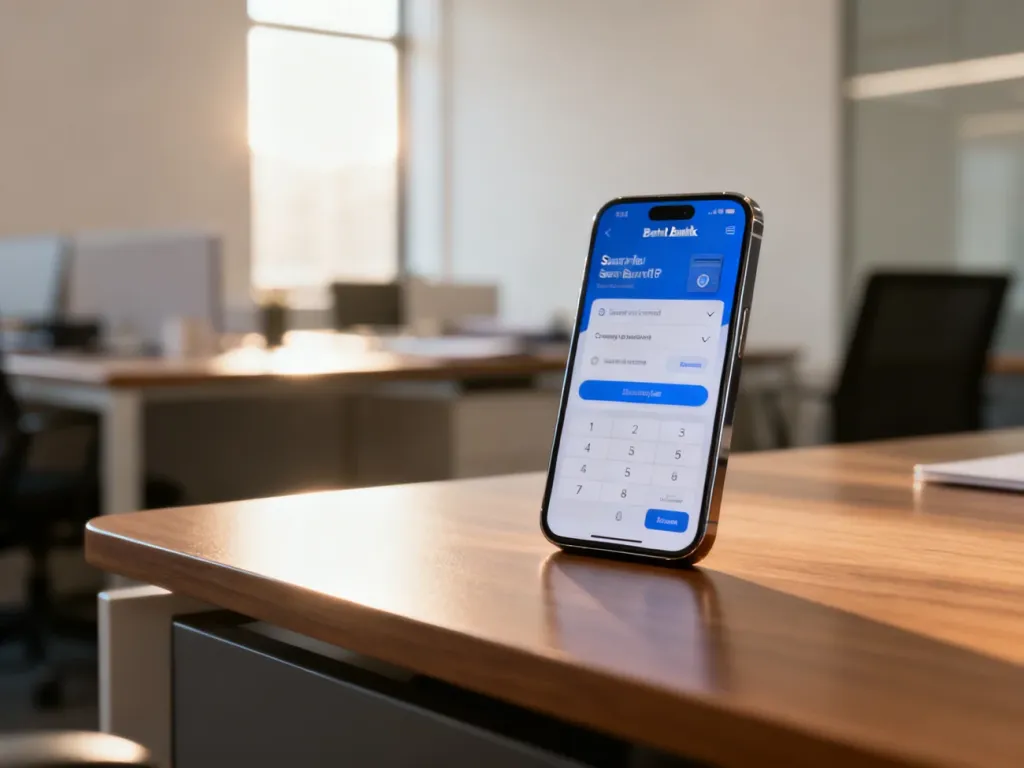 Smartfon z interfejsem bankowości cyfrowej na biurku, symbolizujący bezpieczne logowanie do usług online.