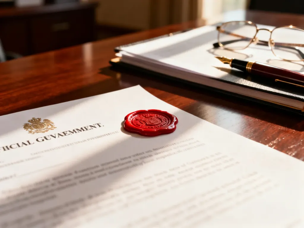 Oficjalny dokument z pieczęcią na biurku, symbolizujący proces uzyskiwania zaświadczenia o niekaralności.
